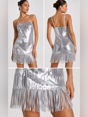 LIKELY Silver Sequin Fringe Mini Dress Cocktail Party Dress Size 10